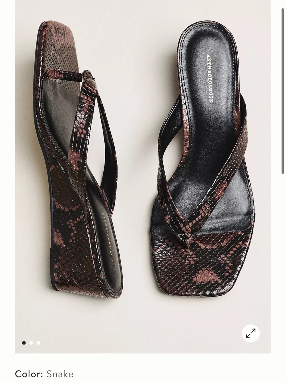 Anthropologie Brown Snake-Print Square-Toe Thong Wedge Flip-Flop